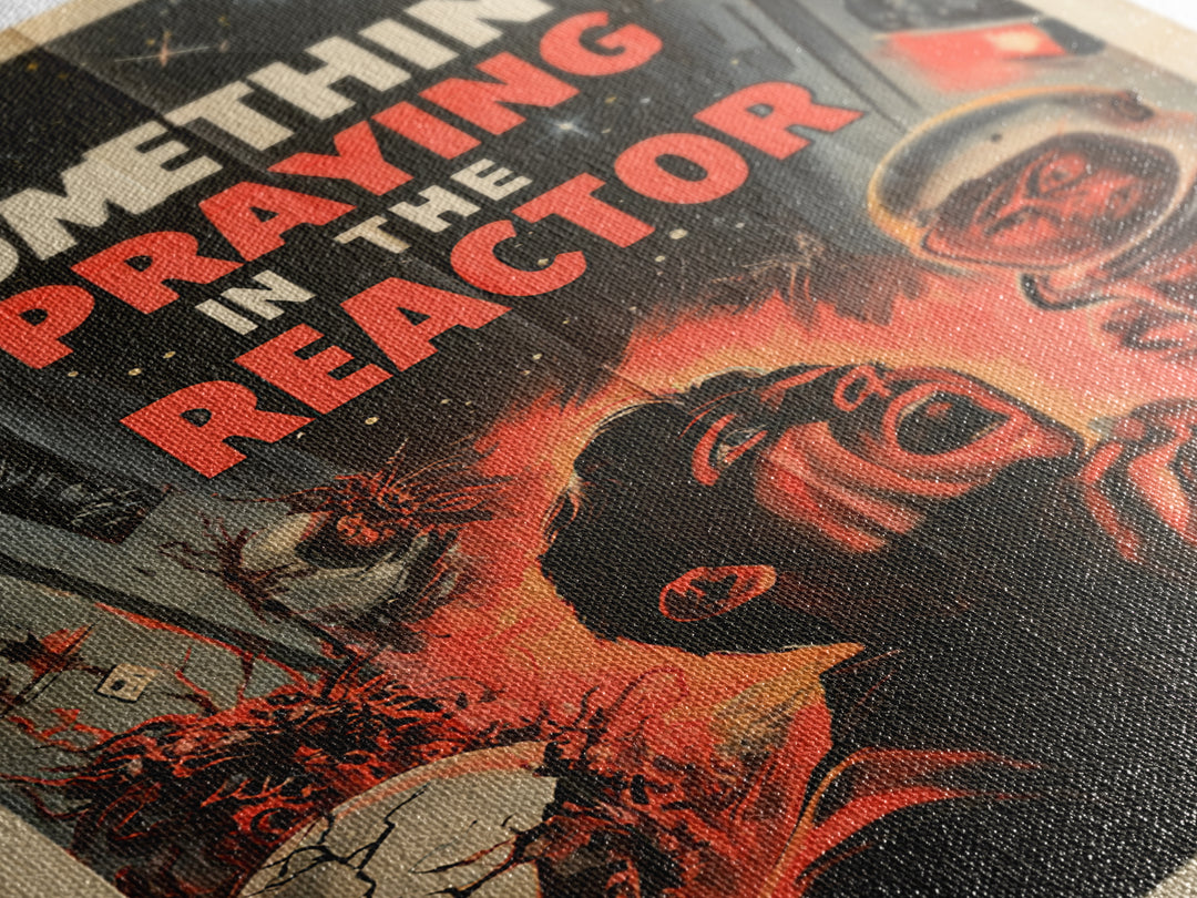 Something Is Praying In The Reactor, English Language Horror Movie Poster, 1950s Creature-Feature One-Sheet Inspired Art, Horror Wall Decor