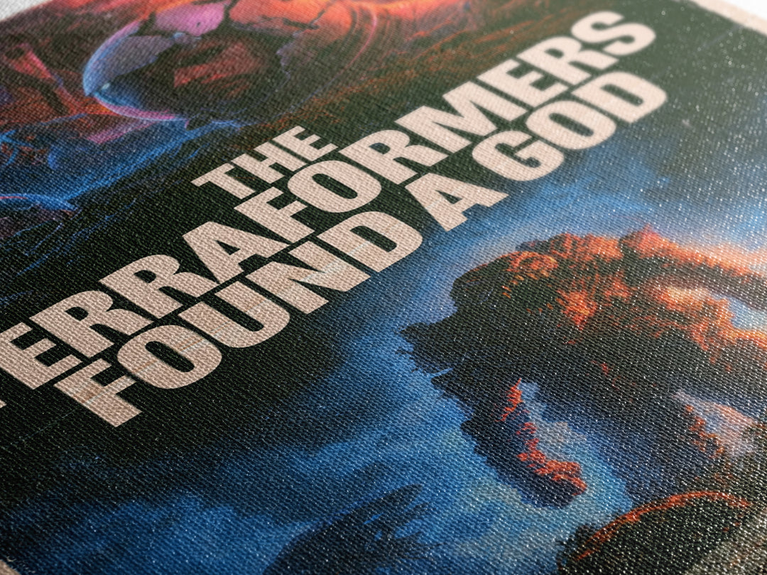 The Terraformers Found A God, English Language Horror Movie Poster, 1980s Vhs Nightmare Cover Inspired Art, Retro Horror Movie Art