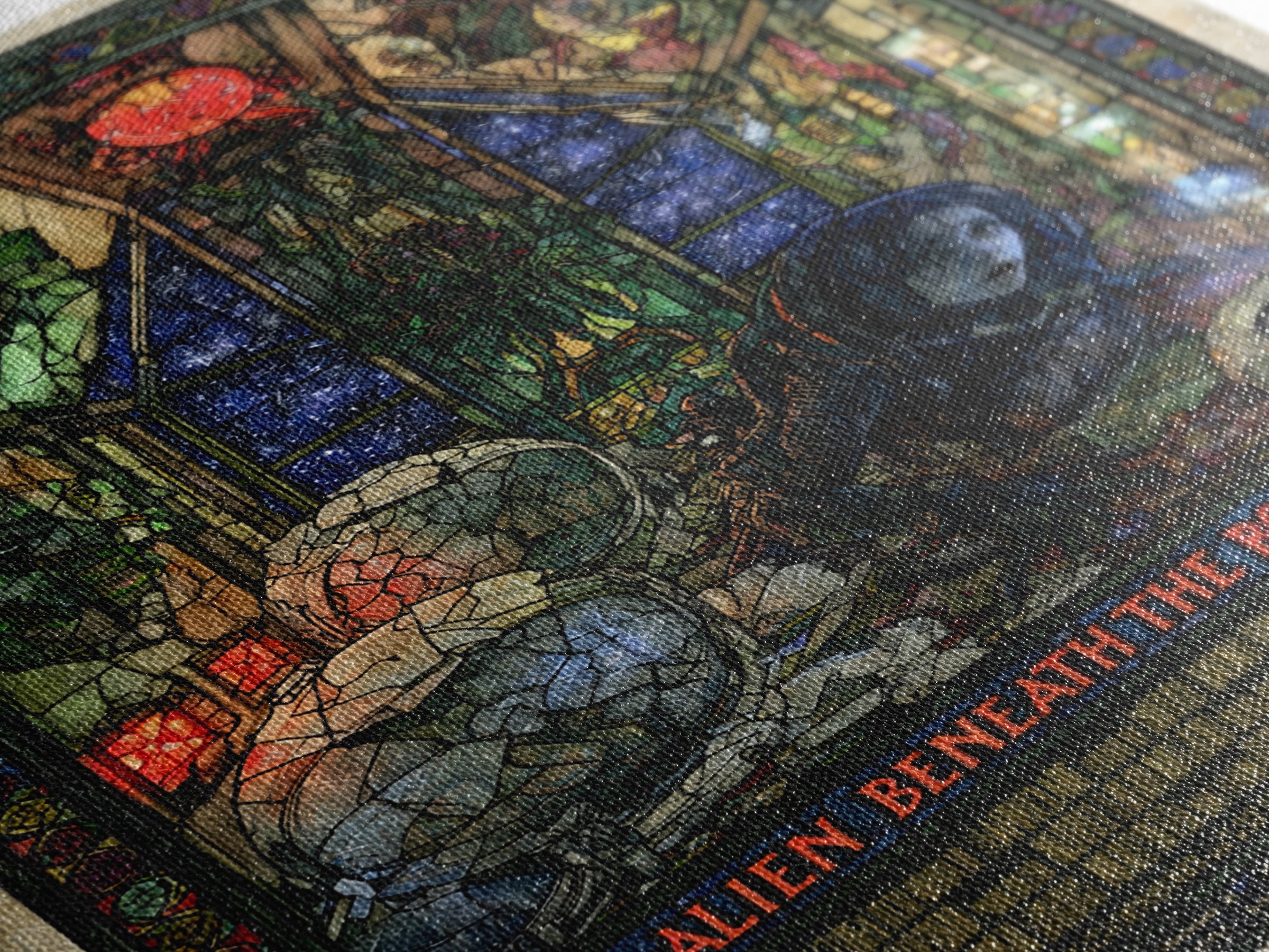 The Alien Beneath The Borrowed Skin, English Language Horror Movie Poster, Stained Glass Gothic Art, Gothic Cinema Wall Art