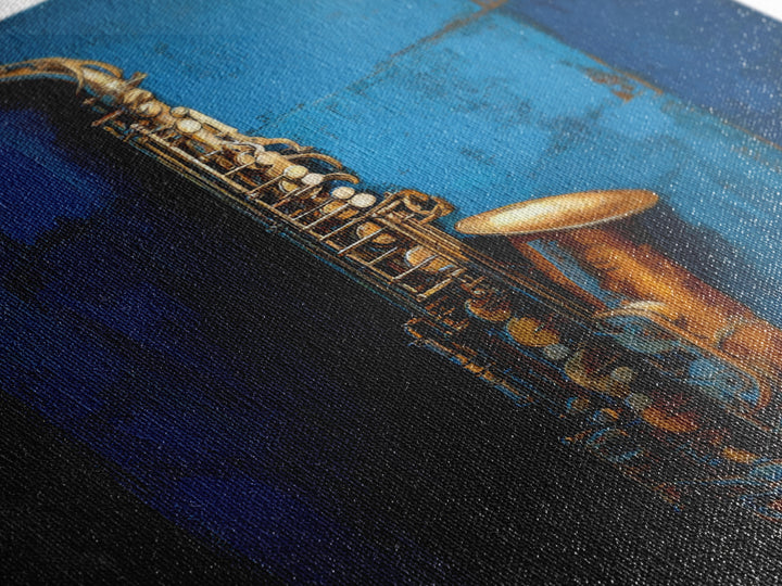 Jazz Saxophone with Smoky Blue Background Framed Canvas Print, Music Studio Art, Watercolor Print, Studio Decor, Rhythm, MSA-1x1-2