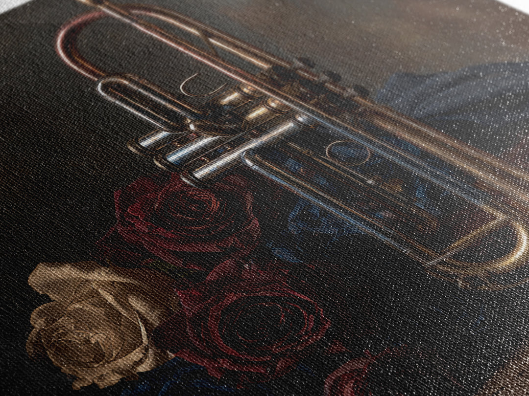 Trumpet and Roses Framed Canvas Print, Music Studio Art, Gallery Decor, Studio Decor, Fine Art, Rhythm, Contemporary Art, MSA-1x1-32
