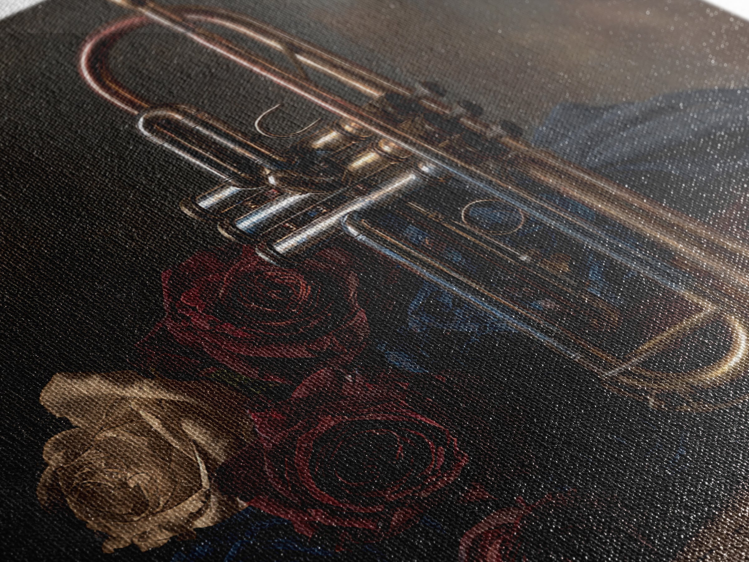 Trumpet and Roses Framed Canvas Print, Music Studio Art, Gallery Decor, Studio Decor, Fine Art, Rhythm, Contemporary Art, MSA-1x1-32