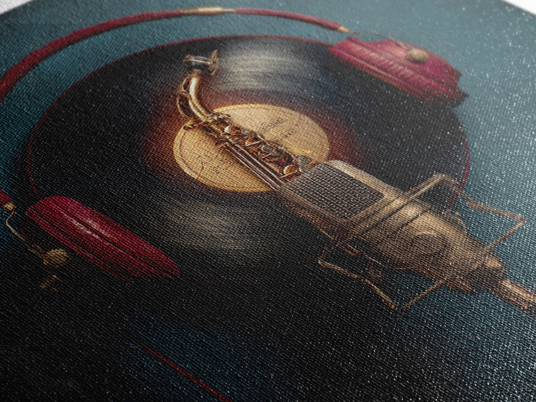 Headphones Around a Glowing Record Canvas Print, Music Studio Art, Music Posters, Studio Decor, Fine Art, Rhythm, Music Lover, MSA-1x1-35