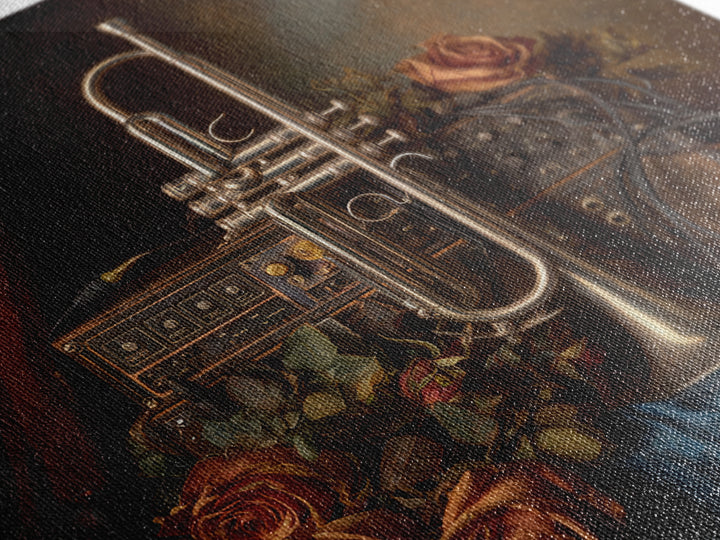 Trumpet and Roses Framed Canvas Print, Music Studio Art, Modern Wall Art, Studio Decor, Rhythm, Boho Art, Travel Wall Art, MSA-1x1-56