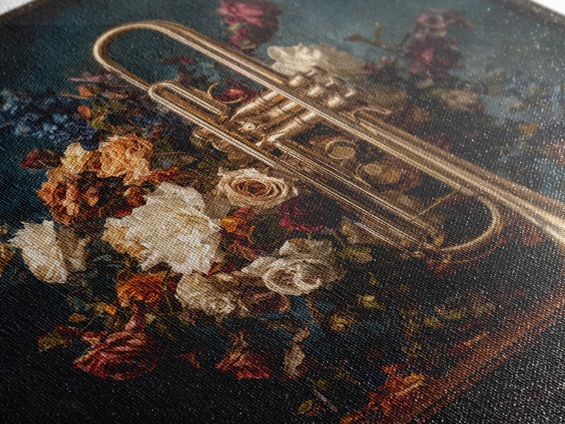 Trumpet and Roses Framed Canvas Print, Music Studio Art, Modern Decor, Studio Decor, Fine Art, Rhythm, Home Decor, Wall Decor, MSA-1x1-80