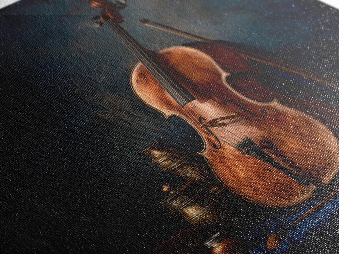 Cello Leaning Against Dark Velvet Backdrop Canvas Print, Music Studio Art, Textured Painting, Studio Decor, Fine Art, Rhythm, MSA-1x1-81