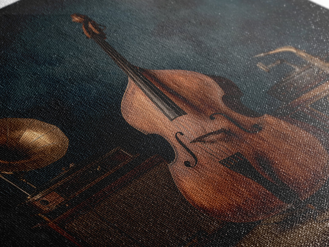 Cello Leaning Against Dark Velvet Backdrop Canvas Print, Music Studio Art, Gifts for Musicians, Studio Decor, Fine Art, Rhythm, MSA-1x1-9