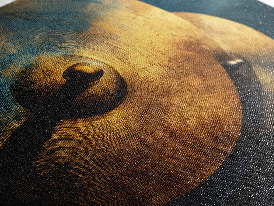 Gold Cymbal Closeup Framed Canvas Print, Music Studio Art, Printable Wall Art, Studio Decor, Rhythm, Painting from Photo, MSA-1x1-96