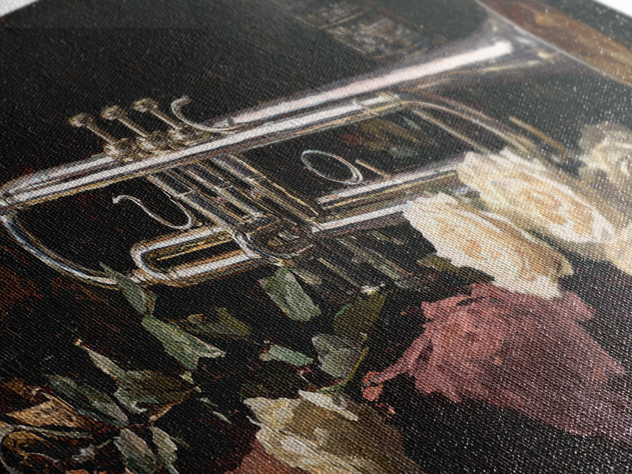 Trumpet and Roses Canvas Print, Music Studio Art, Printable Wall Art, Studio Decor, Fine Art, Rhythm, Painting from Photo, MSA-2x1-52