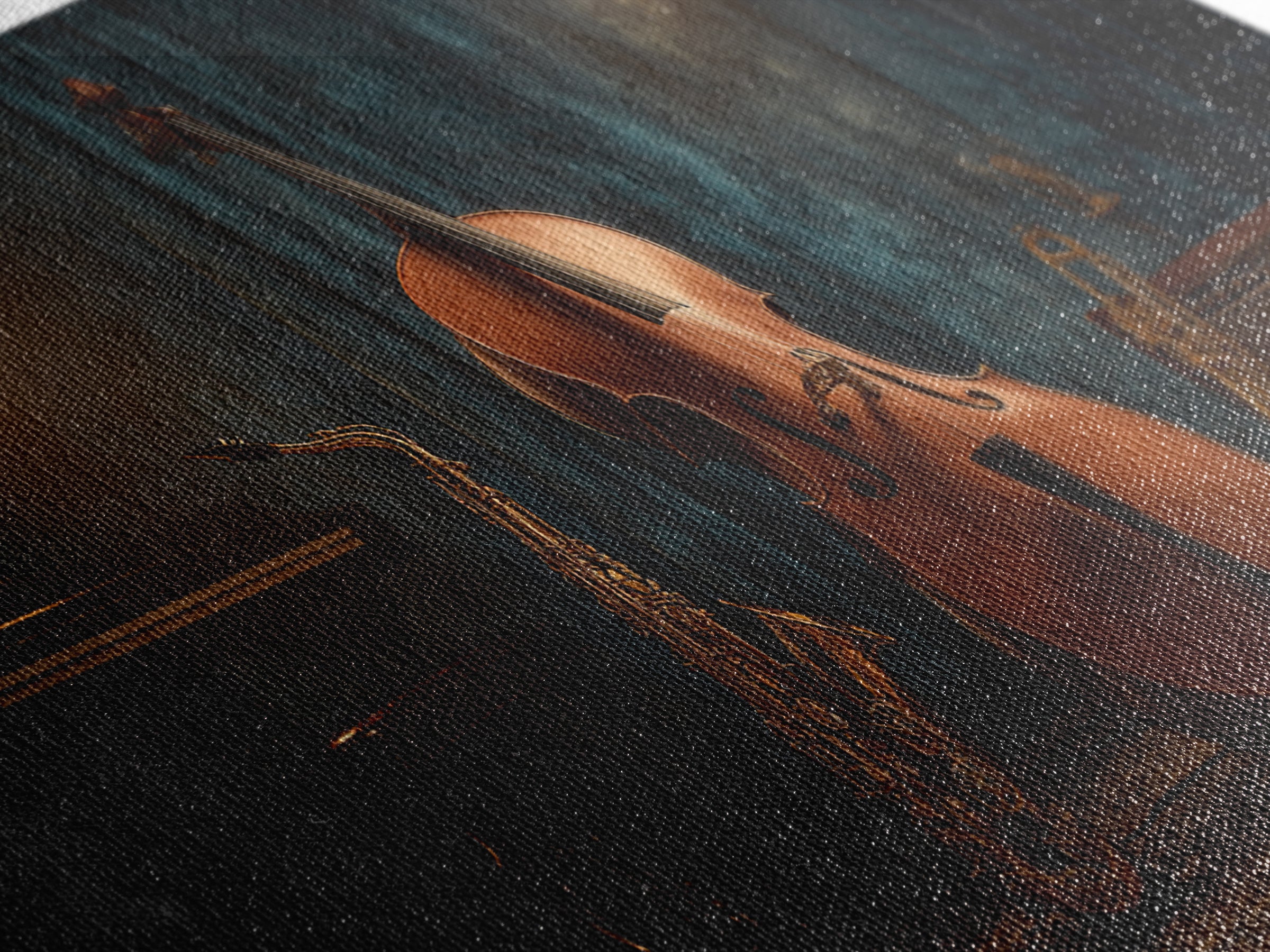 Cello Leaning Against Dark Velvet Backdrop Canvas Print, Music Studio Art, Printable Art, Studio Decor, Oil Painting, Rhythm, MSA-2x1-53