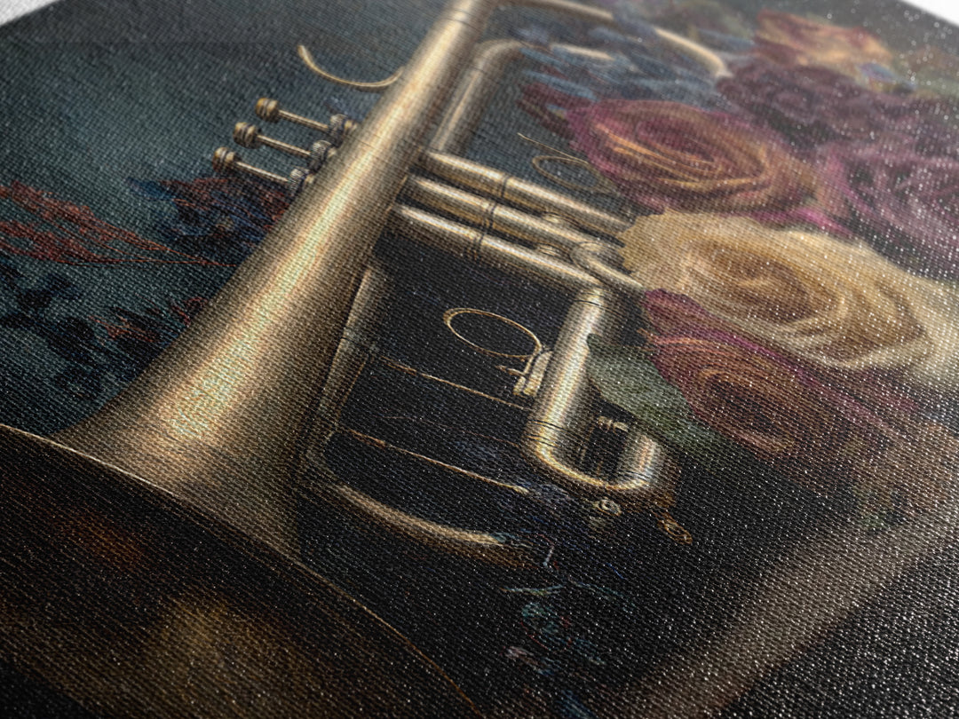 Trumpet and Roses Canvas Print, Music Studio Art, Digital Download Art, Studio Decor, Fine Art, Rhythm, Music Lover Gift, MSA-2x1-76