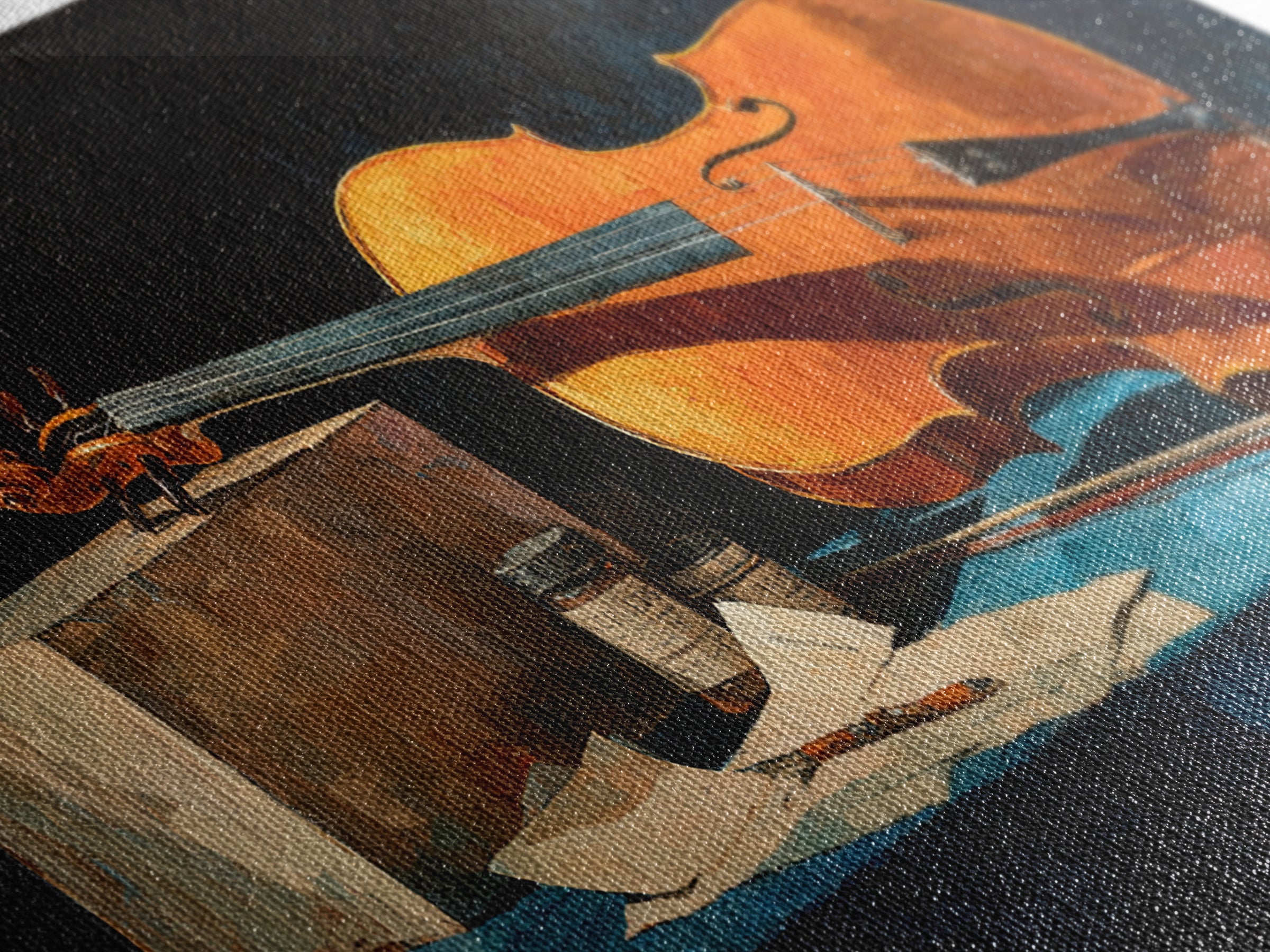 Cello Leaning Against Dark Velvet Backdrop Canvas Print, Music Studio Art, Printable Art, Studio Decor, Oil Painting, Rhythm, MSA-2x1-77