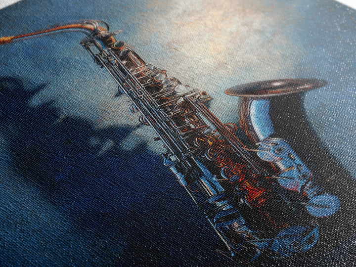 Jazz Saxophone with Smoky Blue Background Framed Canvas Print, Music Studio Art, Contemporary Art, Studio Decor, Rhythm, MSA-2x3-34