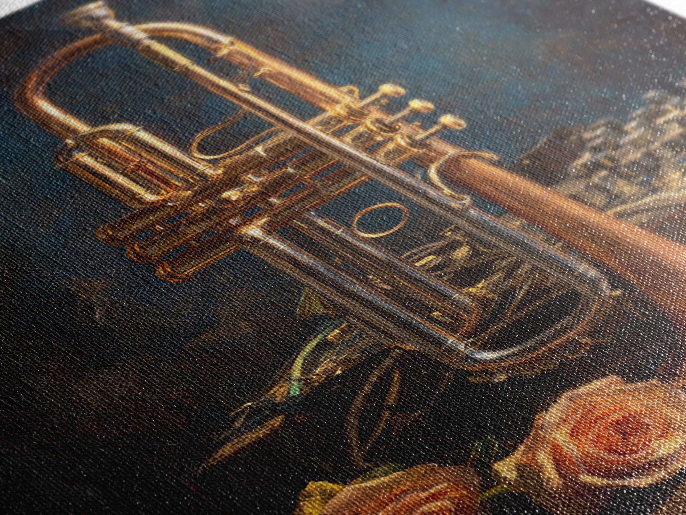 Trumpet and Roses Framed Canvas Print, Music Studio Art, Digital Wall Art, Studio Decor, Fine Art, Rhythm, Commission Painting, MSA-2x3-88