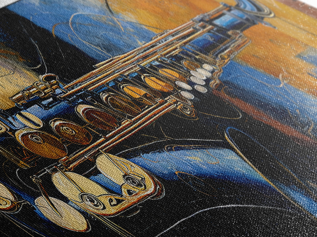 Jazz Saxophone with Smoky Blue Background Framed Canvas Print, Music Studio Art, Custom Painting, Studio Decor, Rhythm, MSA-3x1-18