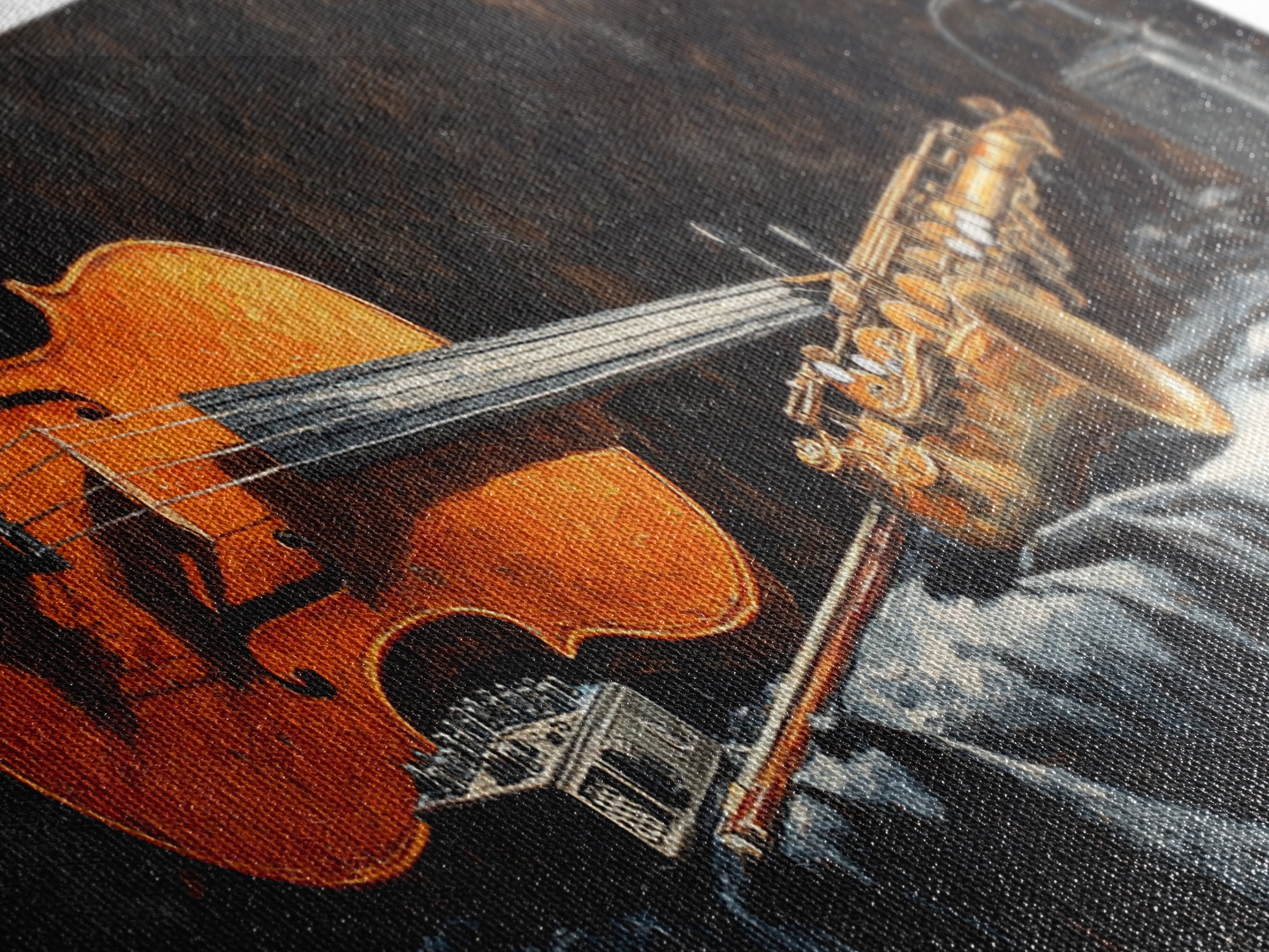 Cello Leaning Against Dark Velvet Backdrop Canvas Print, Music Studio Art, Commission Painting, Studio Decor, Abstract Art, MSA-3x1-49