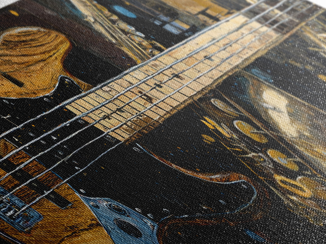 Bass Guitar Closeup Framed Canvas Print, Music Studio Art, Custom Painting, Studio Decor, Watercolor Art, Rhythm, MSA-3x1-5