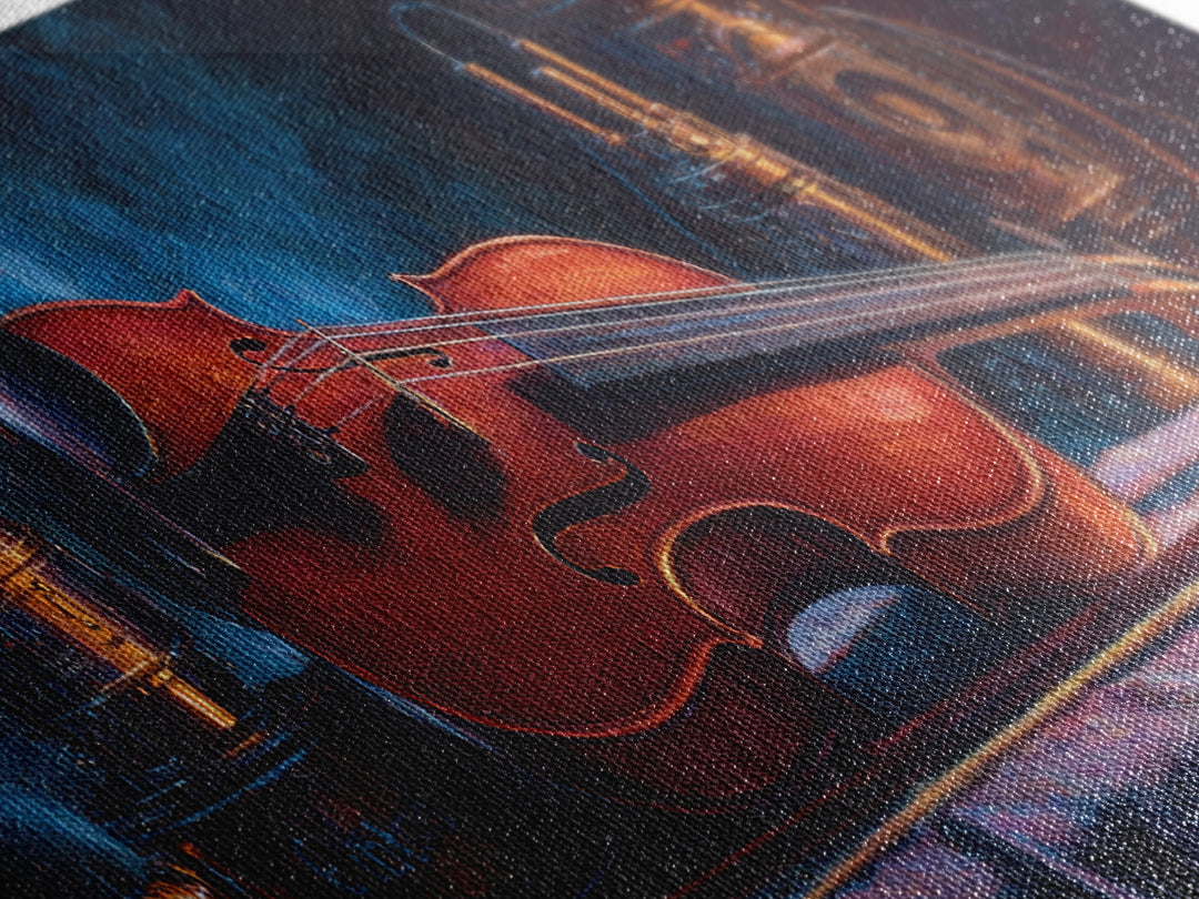 Violin and Bow Framed Canvas Print, Music Studio Art, Textured Painting, Studio Decor, Fine Art, Rhythm, Custom Painting, MSA-3x1-56