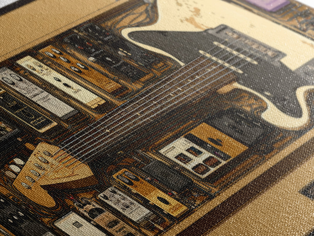 Electric Guitar Pedals and Cables Graphic Art Canvas Print, Music Studio Art, Boho Art, Studio Decor, Oil Painting, Rhythm, MSA-3x1-61