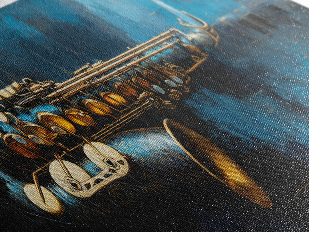 Jazz Saxophone with Smoky Blue Background Framed Canvas Print, Music Studio Art, Music Art, Studio Decor, Fine Art, Rhythm, MSA-3x1-90