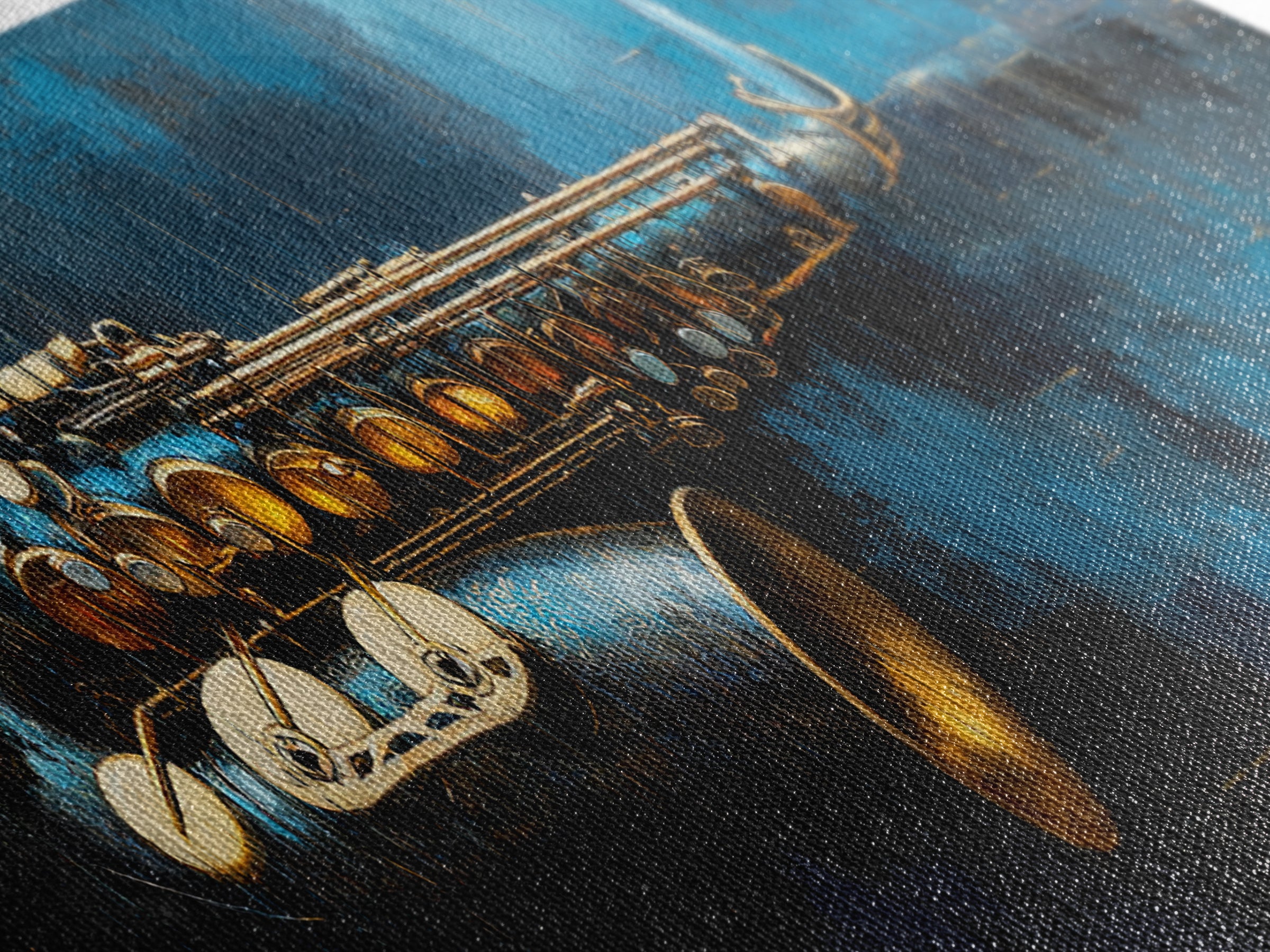 Jazz Saxophone with Smoky Blue Background Framed Canvas Print, Music Studio Art, Music Art, Studio Decor, Fine Art, Rhythm, MSA-3x1-90