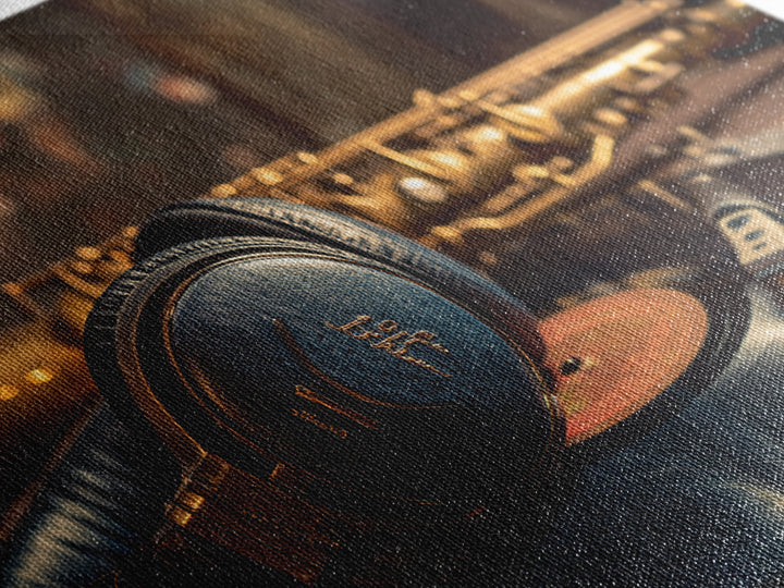 Headphones Around a Glowing Record Framed Canvas Print, Music Studio Art, Scripture Wall Art, Studio Decor, Fine Art, Rhythm, MSA-3x2-63