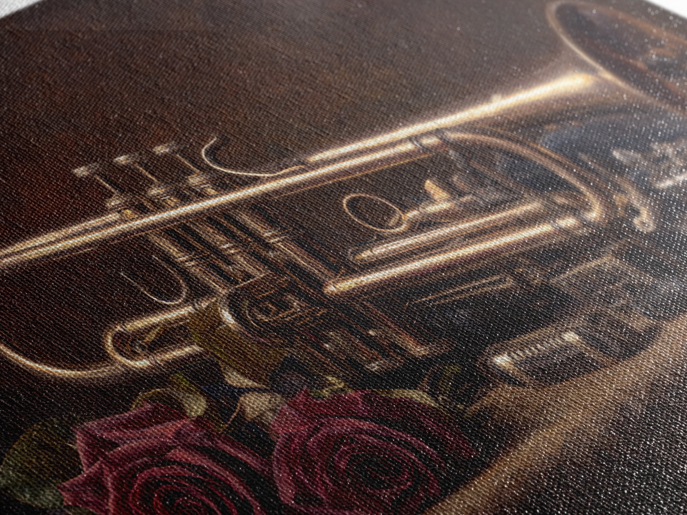 Trumpet and Roses Canvas Print, Music Studio Art, Boho Decor, Studio Decor, Fine Art, Rhythm, Metal Wall Art, MSA-3x2-84