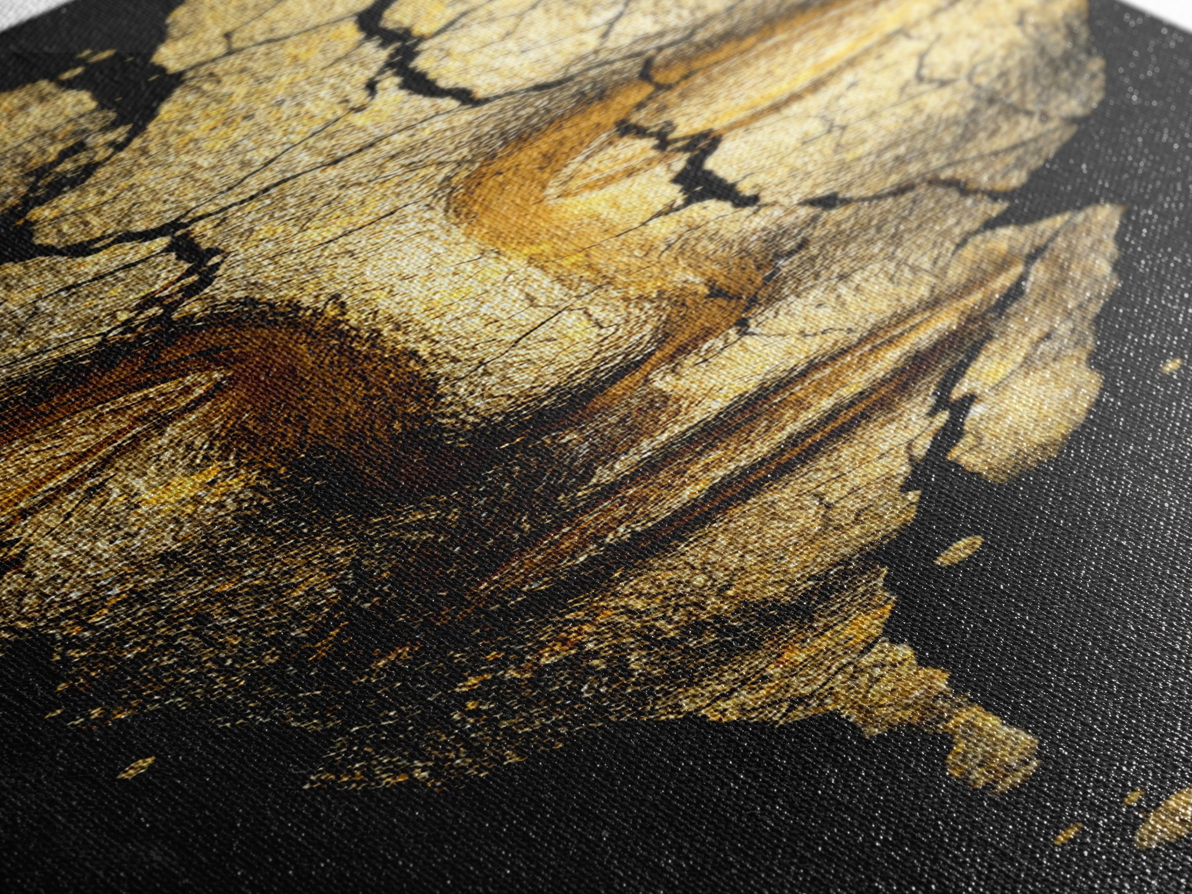 Gold Canvas Print, Cracked Golden Mask Wall Art, Mythical Face Artwork, Real Wood Frame Decor