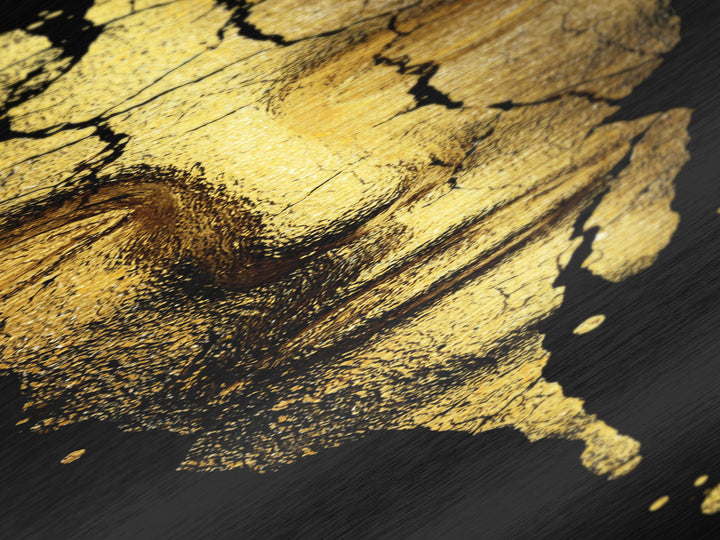 Metallic Gold Metal Print, Cracked Golden Mask Wall Art, Mythical Face Artwork, Real Wood Frame Decor