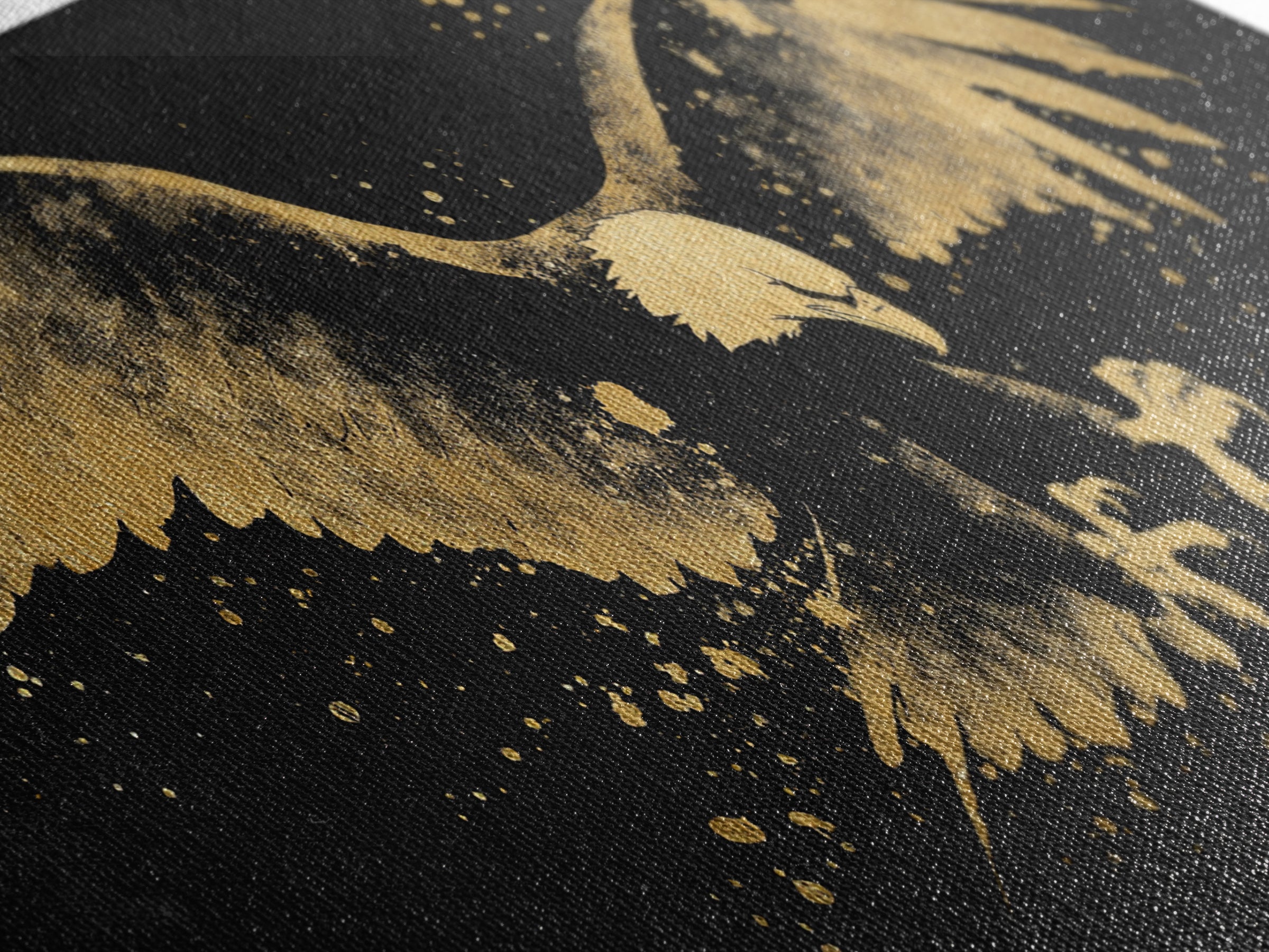 Eagle With Outstretched Wings, Gold Canvas Print, Real Wood Frame, Splatter Art, Majestic Bird Wall Decor
