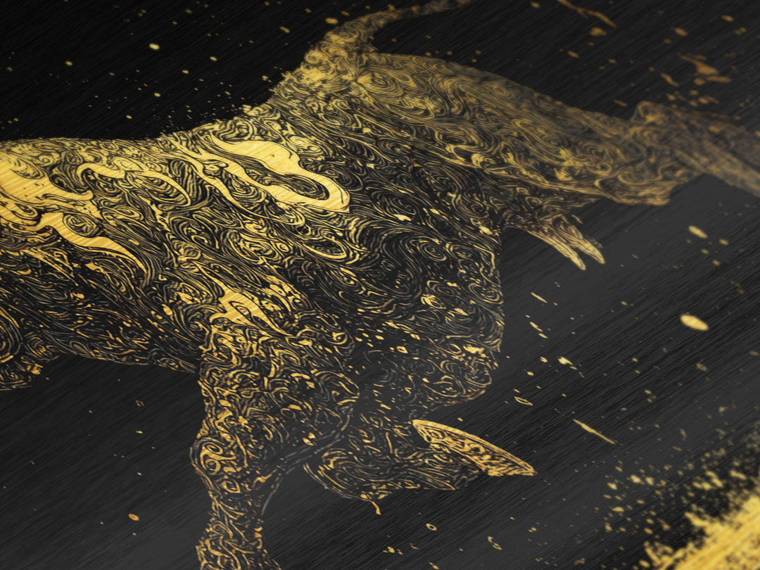 Golden Bull In Motion, Metallic Gold Art, Real Wood Frame, Dynamic Animal Wall Decor, Mythology Inspired Artwork