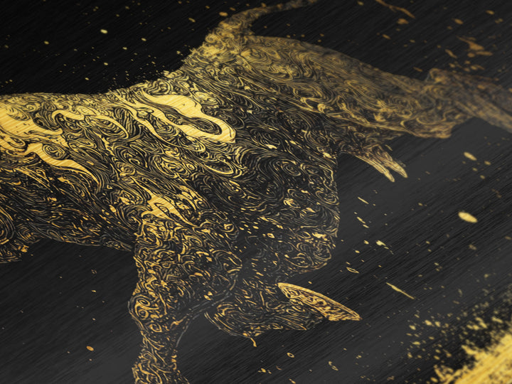 Golden Bull In Motion, Metallic Gold Art, Real Wood Frame, Dynamic Animal Wall Decor, Mythology Inspired Artwork
