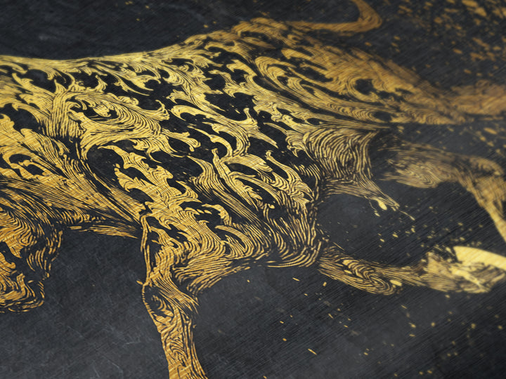 Ornate Golden Bull, Metallic Gold Metal Print, Real Wood Frame, Decorative Animal Artwork, Powerful Bull Illustration