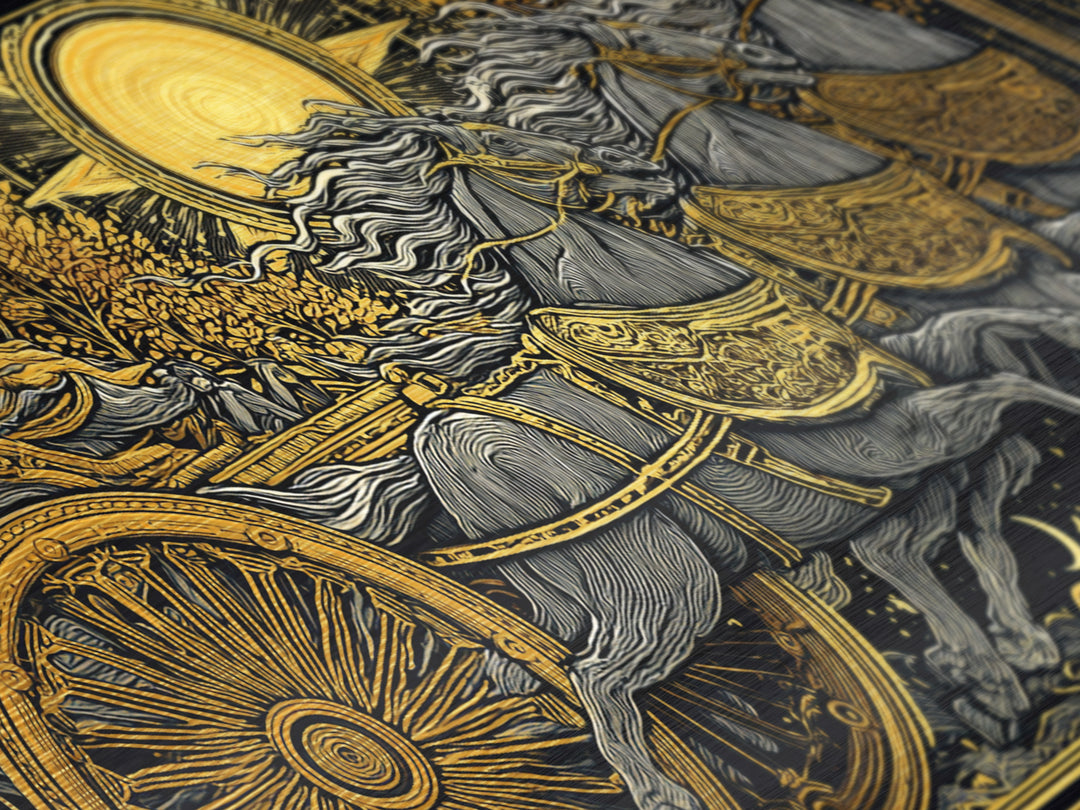 Chariot Of The Dawn, Metallic Gold Art, Real Wood Frame, Mythology Inspired Wall Decor, Horse And Rider Artwork