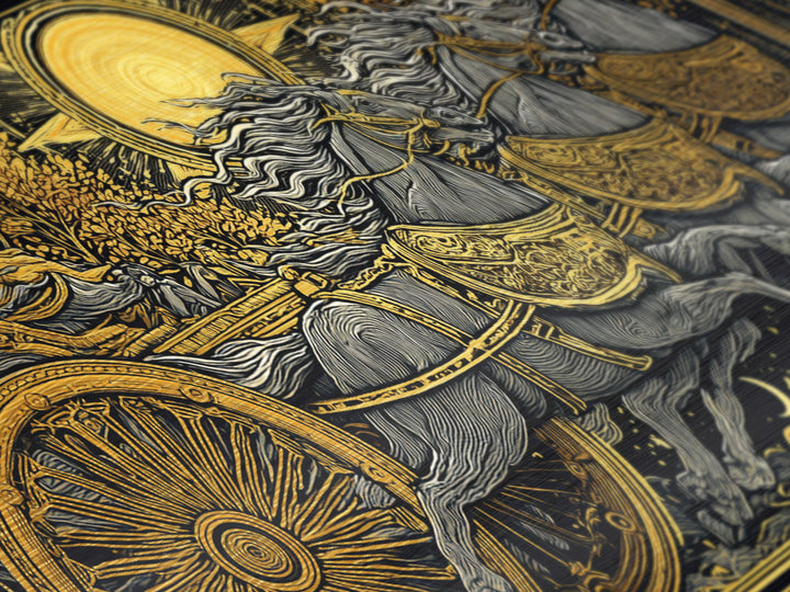 Chariot Of The Dawn, Metallic Gold Art, Real Wood Frame, Mythology Inspired Wall Decor, Horse And Rider Artwork