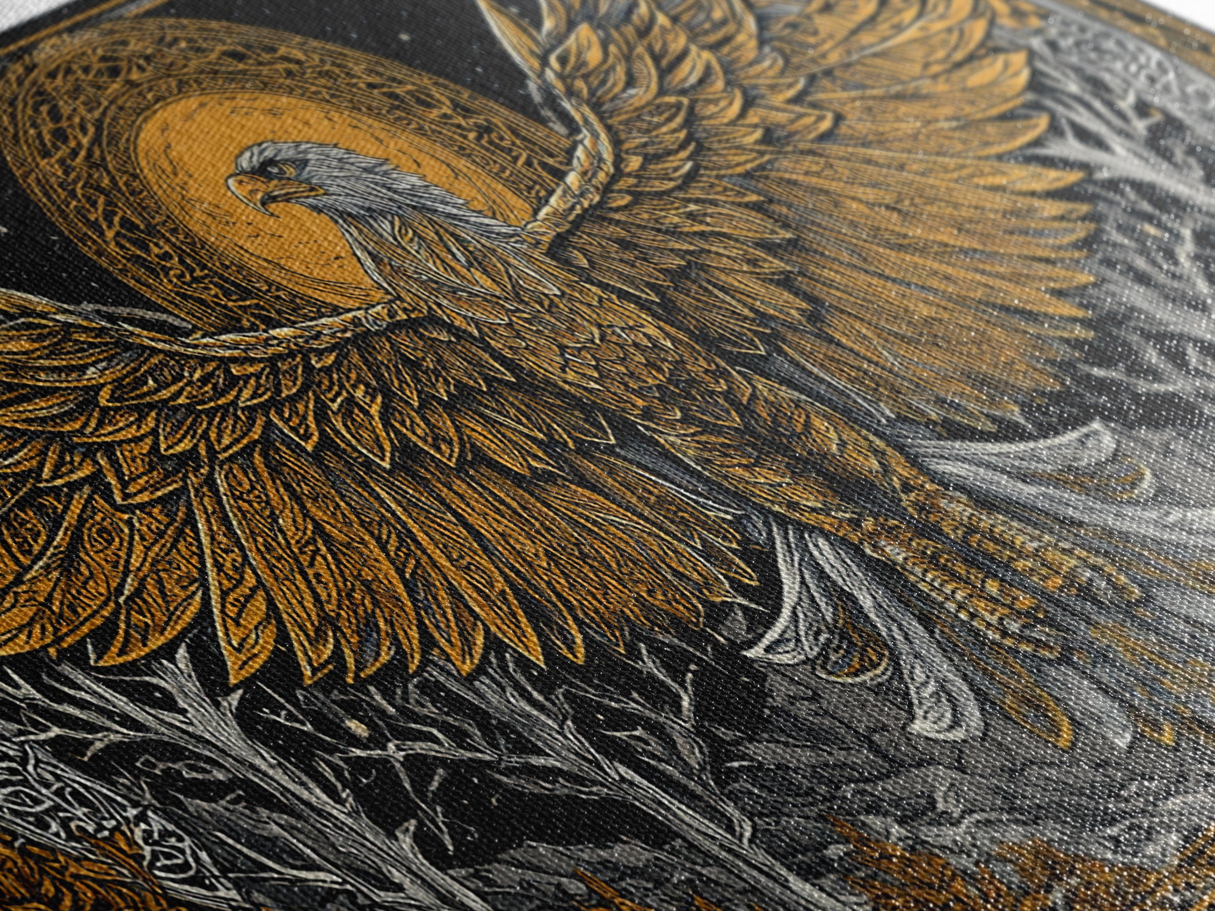 Golden Eagle Over Moonlit Forest, Gold Canvas Art, Real Wood Frame, Intricate Line Art, Majestic Bird Wall Decor