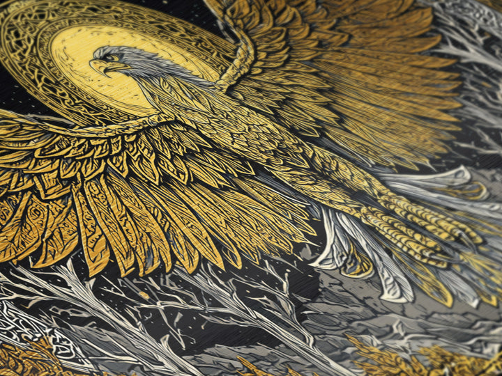 Golden Eagle Over Moonlit Forest, Metallic Gold Art, Real Wood Frame, Intricate Line Art, Majestic Bird Wall Decor