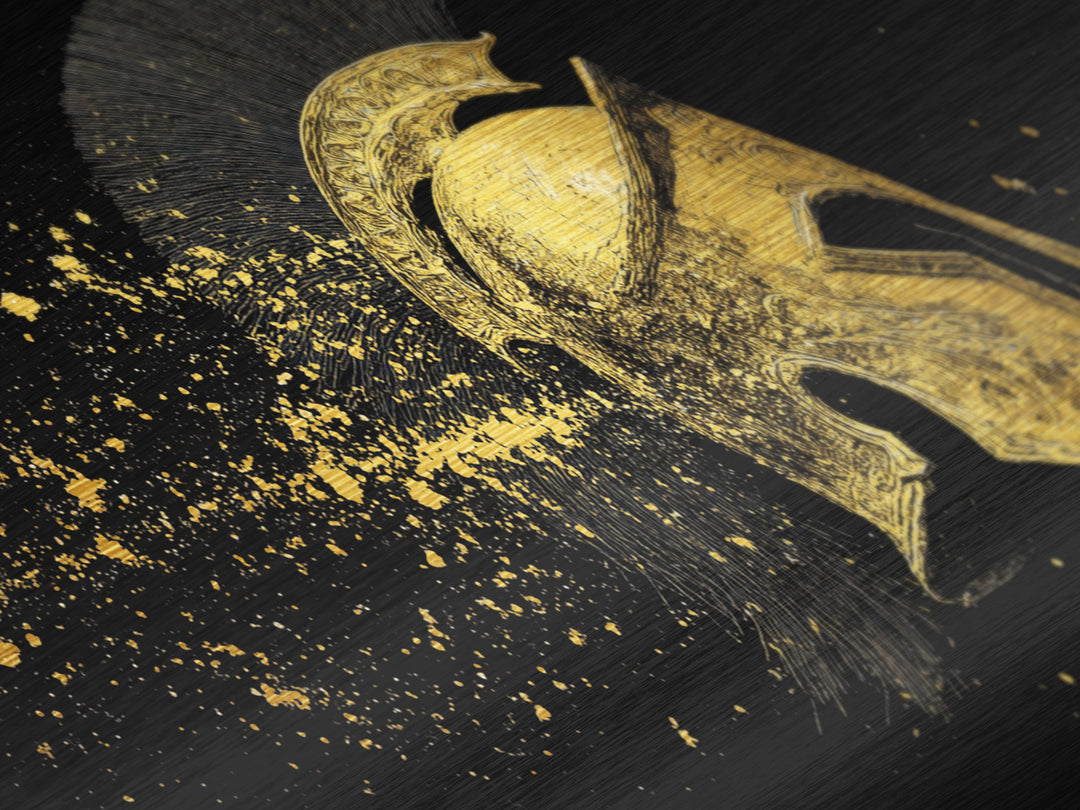 Golden Spartan Helmet, Metallic Gold Art, Real Wood Frame, Splatter Style Warrior Armor, Mythology Inspired Artwork