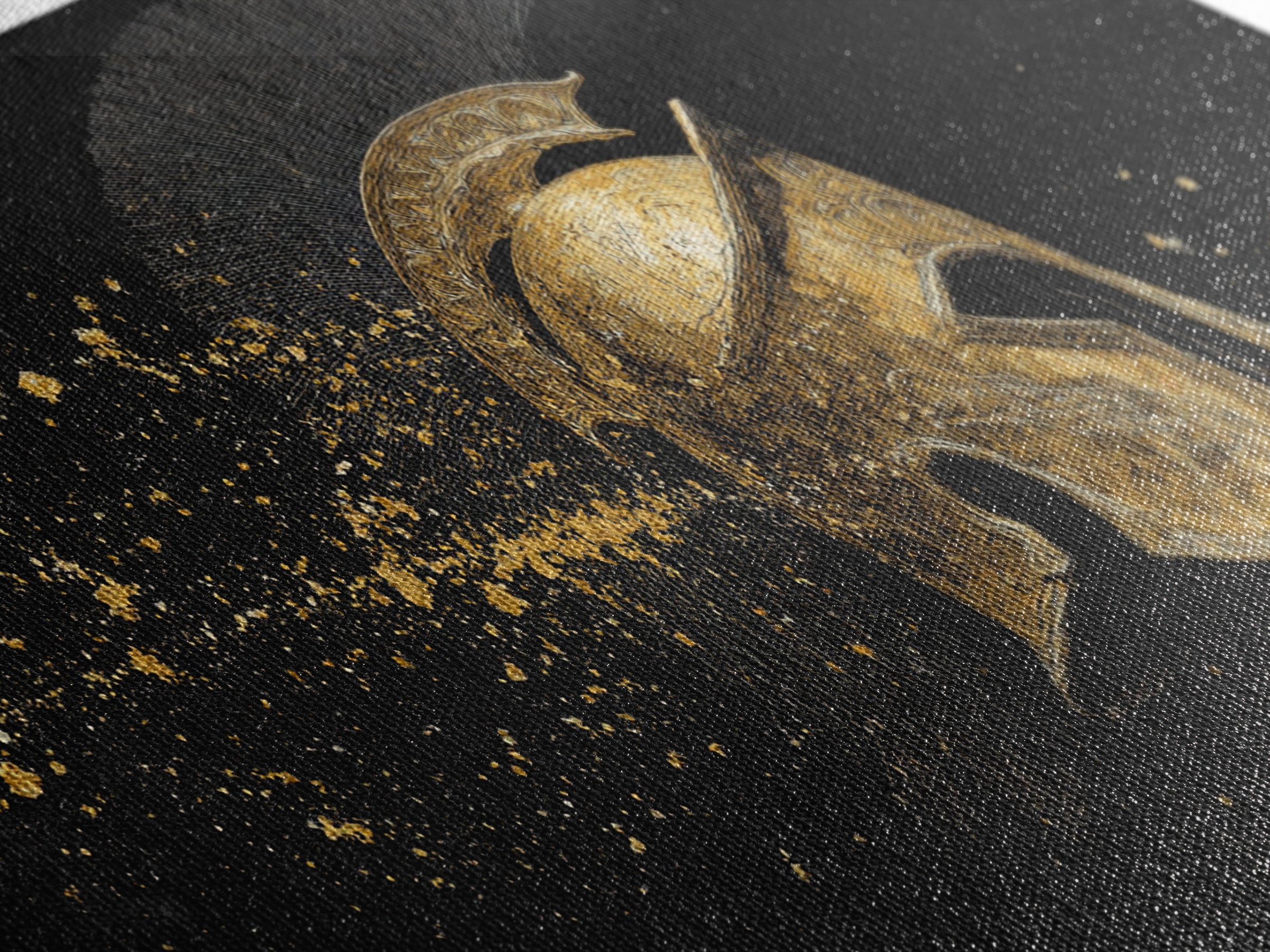 Golden Spartan Helmet, Gold Canvas Art, Real Wood Frame, Splatter Style Warrior Armor, Mythology Inspired Artwork