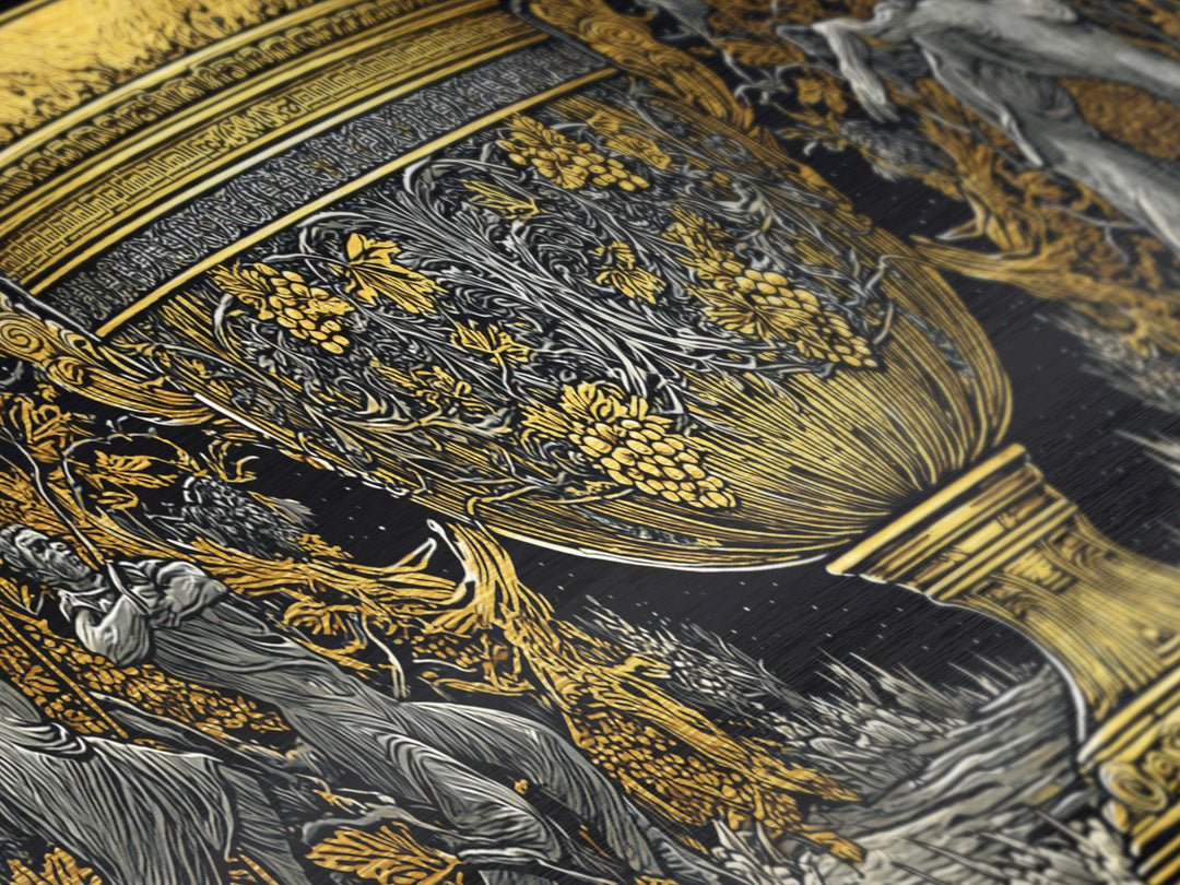 Golden Ornate Chalice, Metallic Gold Art, Real Wood Frame, Mythology Inspired Wall Decor, Classical Celebration Scene