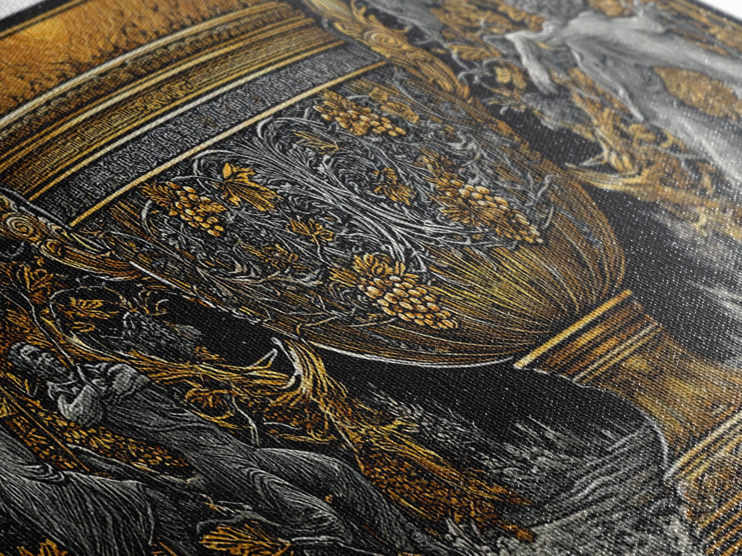Golden Ornate Chalice, Gold Canvas Art, Real Wood Frame, Mythology Inspired Wall Decor, Classical Celebration Scene