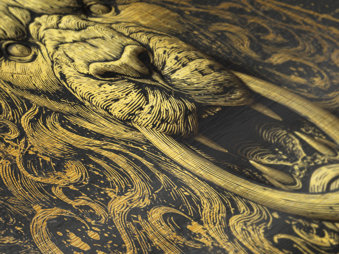 Golden Lion Door Knocker Close Up, Metallic Gold Art, Real Wood Frame, Splatter Style Animal Decor, Regal Lion Artwork