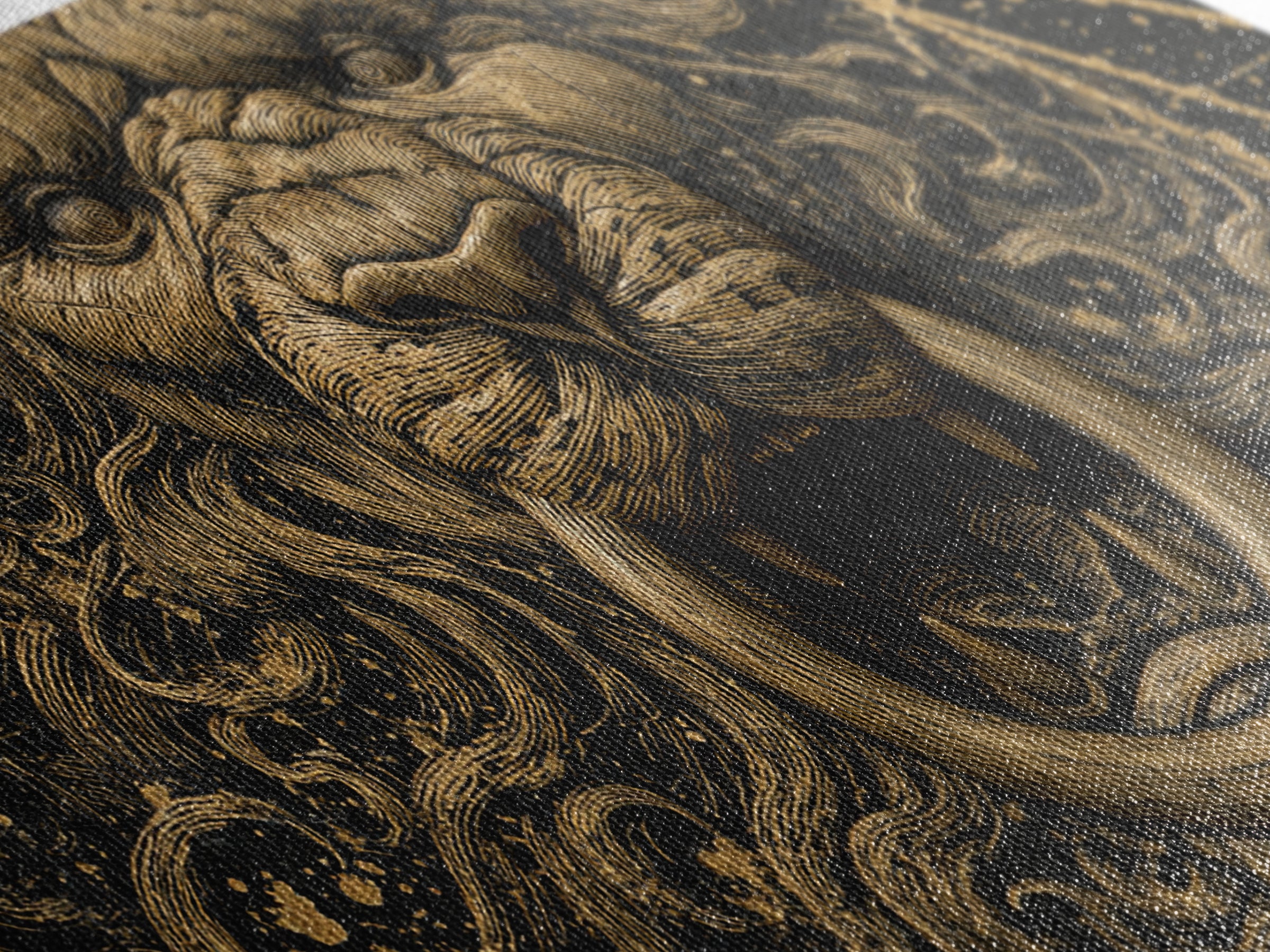 Golden Lion Door Knocker Close Up, Gold Canvas Art, Real Wood Frame, Splatter Style Animal Decor, Regal Lion Artwork
