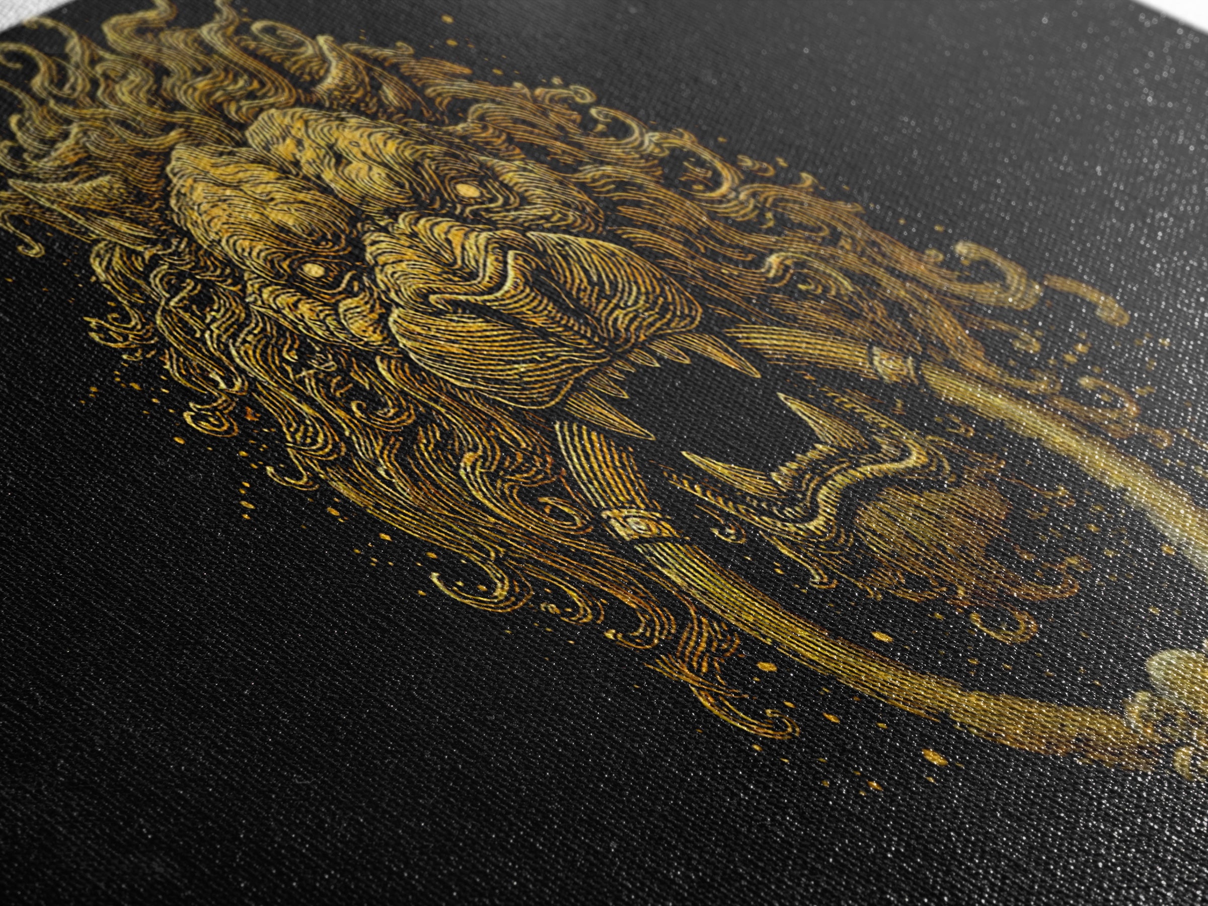 Golden Lion Door Knocker, Gold Canvas Print, Real Wood Frame, Majestic Animal Wall Art, Regal Gold Illustration