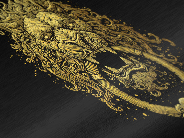 Golden Lion Door Knocker, Metallic Gold Metal Print, Real Wood Frame, Majestic Animal Wall Art, Regal Gold Illustration