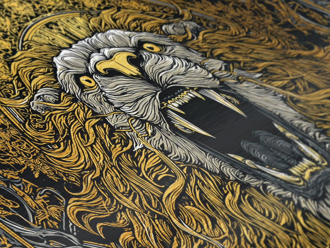 Roaring Golden Lion, Metallic Gold Art, Real Wood Frame, Mythology Inspired Animal Decor, Powerful Lion Wall Artwork
