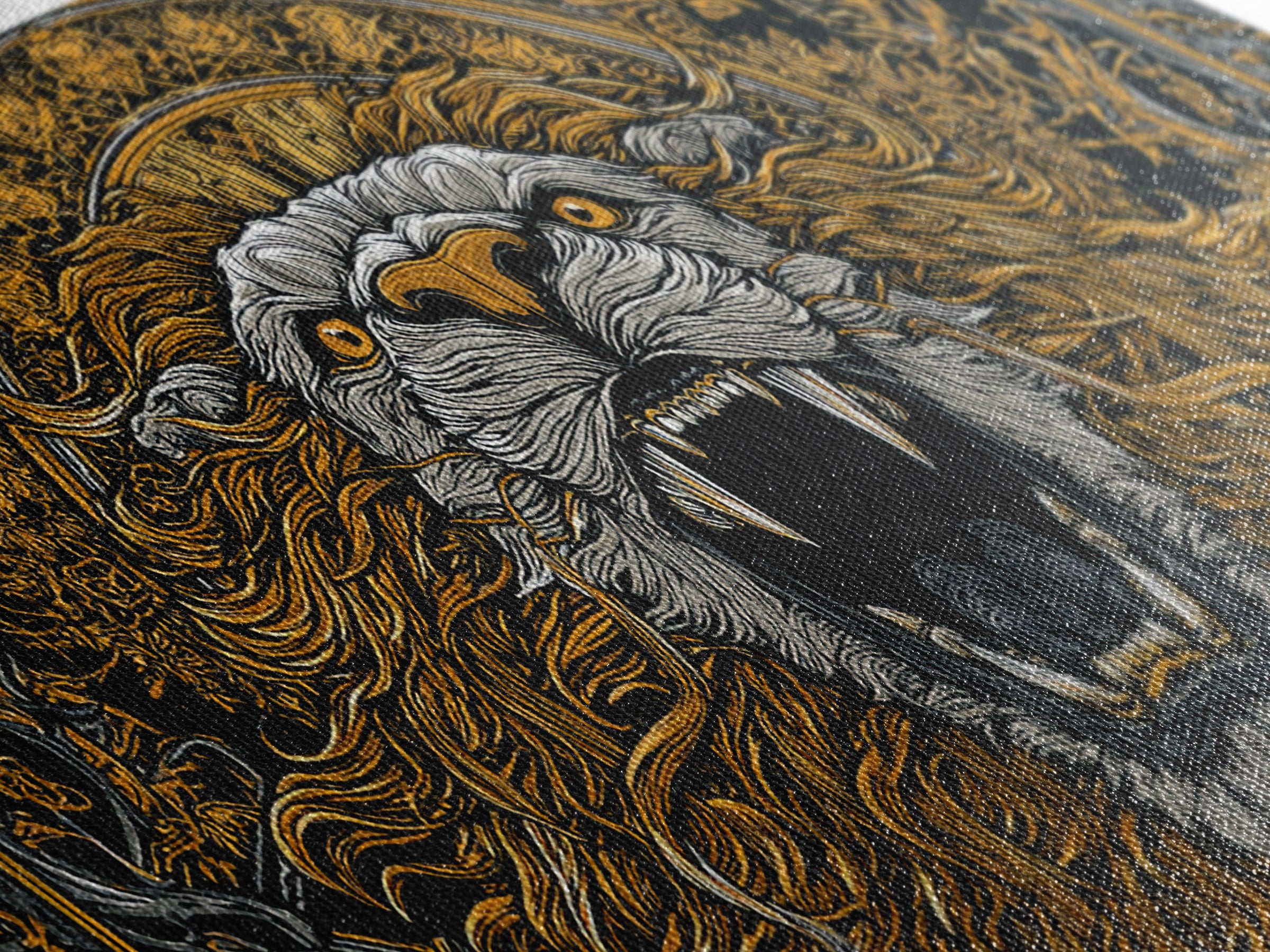 Roaring Golden Lion, Gold Canvas Art, Real Wood Frame, Mythology Inspired Animal Decor, Powerful Lion Wall Artwork