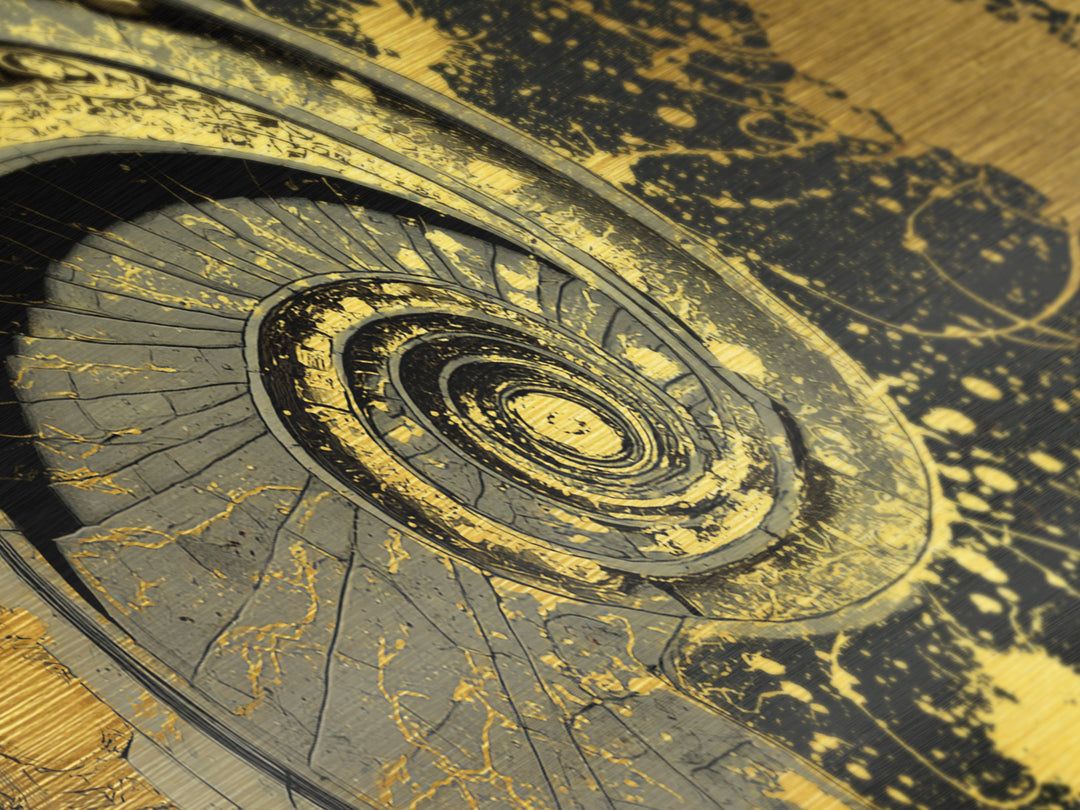 Golden Spiral Staircase, Metallic Gold Art, Real Wood Frame, Splatter Style Abstract Design, Modern Wall Decor