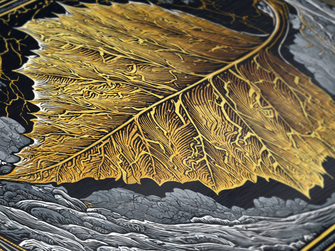 Golden Leaf In Ornate Frame, Metallic Gold Metal Print, Real Wood Frame, Botanical Wall Art, Nature Inspired Decor
