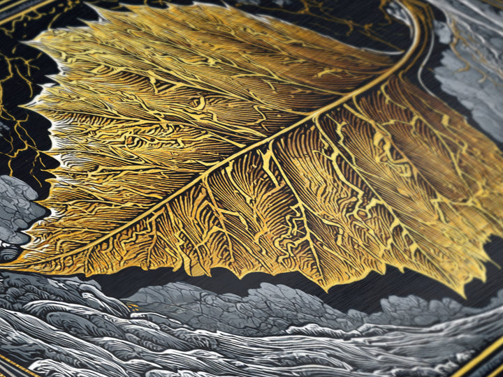 Golden Leaf In Ornate Frame, Metallic Gold Metal Print, Real Wood Frame, Botanical Wall Art, Nature Inspired Decor